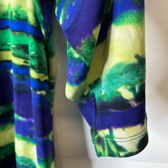 Susan Graver Size 1X Liquid Knit Tie-Dye Stripe V-Neck Top Blue Green 3/4 Sleeve - Picture 3 of 6